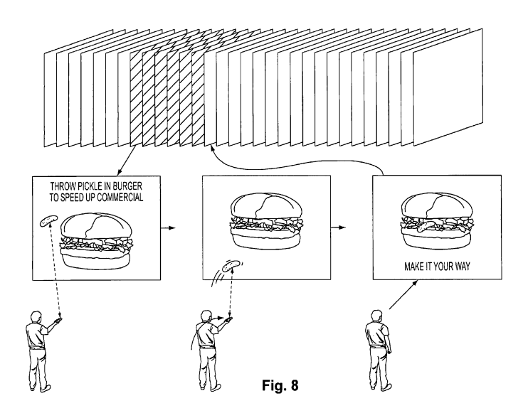 Figure 8 from Sony's patent shows a man using a remote control to interact with an advertisement. The screen reads "throw pickle in burger to speed up commercial". After the man swings the remote to throw the pickle, the screen reads "make it your way".