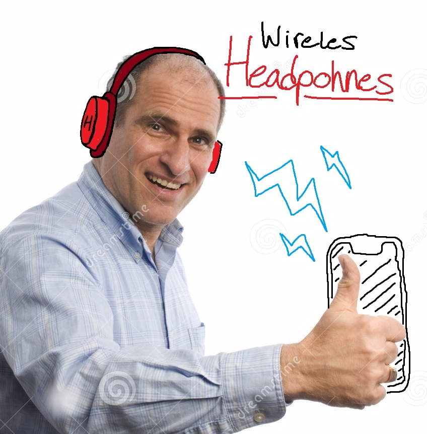 A stock photo of a man smiling and giving a thumbs up has been poorly edited so that there is a cell phone in his hand and headphones on his head. A misspelled caption reads "wireles headpohnes". The stock photo site watermarks are still present.
