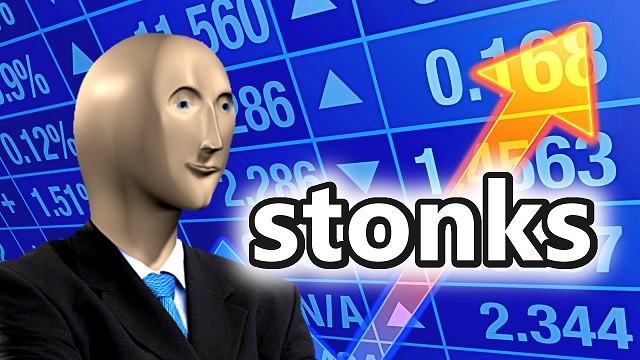 The Stonks meme shows a silly 3D rendering of a businessman in front of a chart of numbers and a upwardly rising arrow of profit.