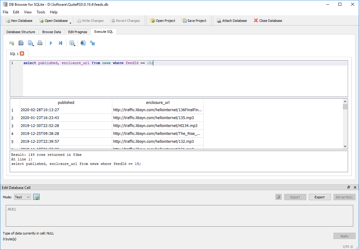 QuiteRSS db sql query to isolate dates and urls.
