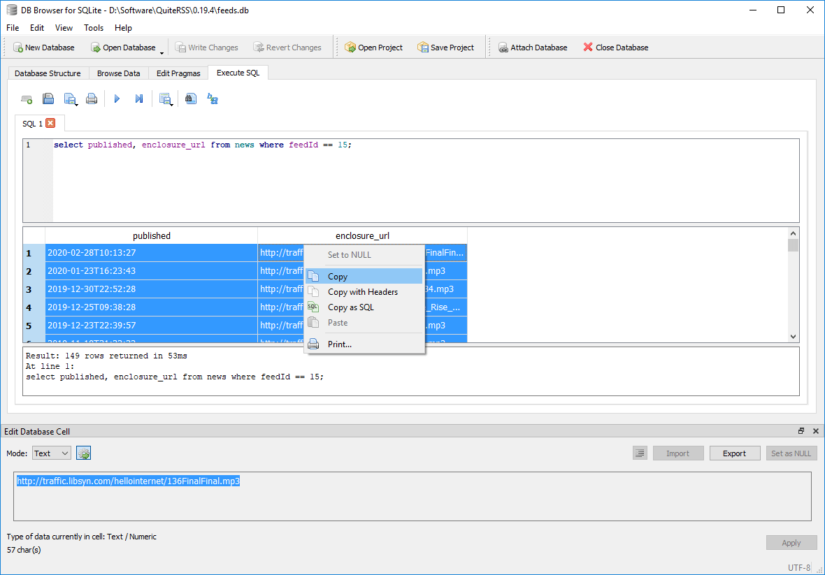 QuiteRSS db copying results of query.