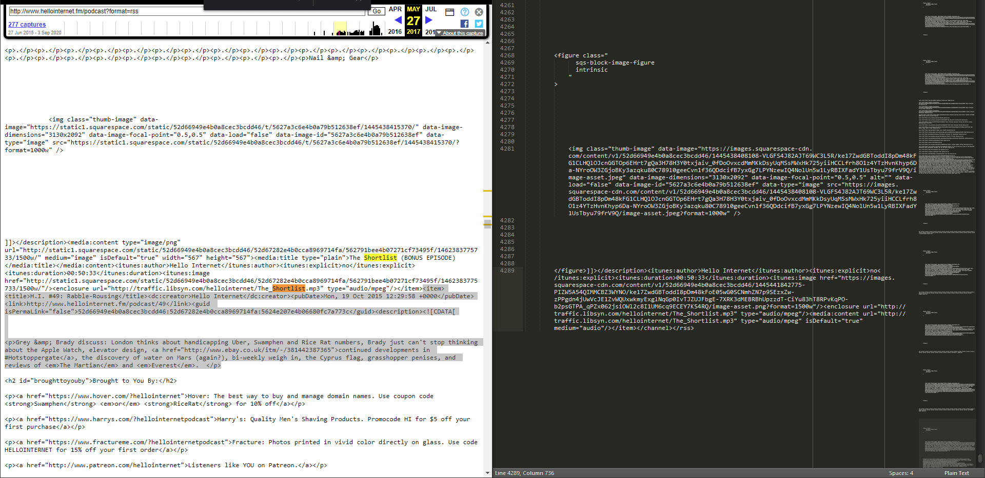 Cross-referencing the last item on the web feed (right) with more items on the wayback archive (left) to construct a single xml file with all items.