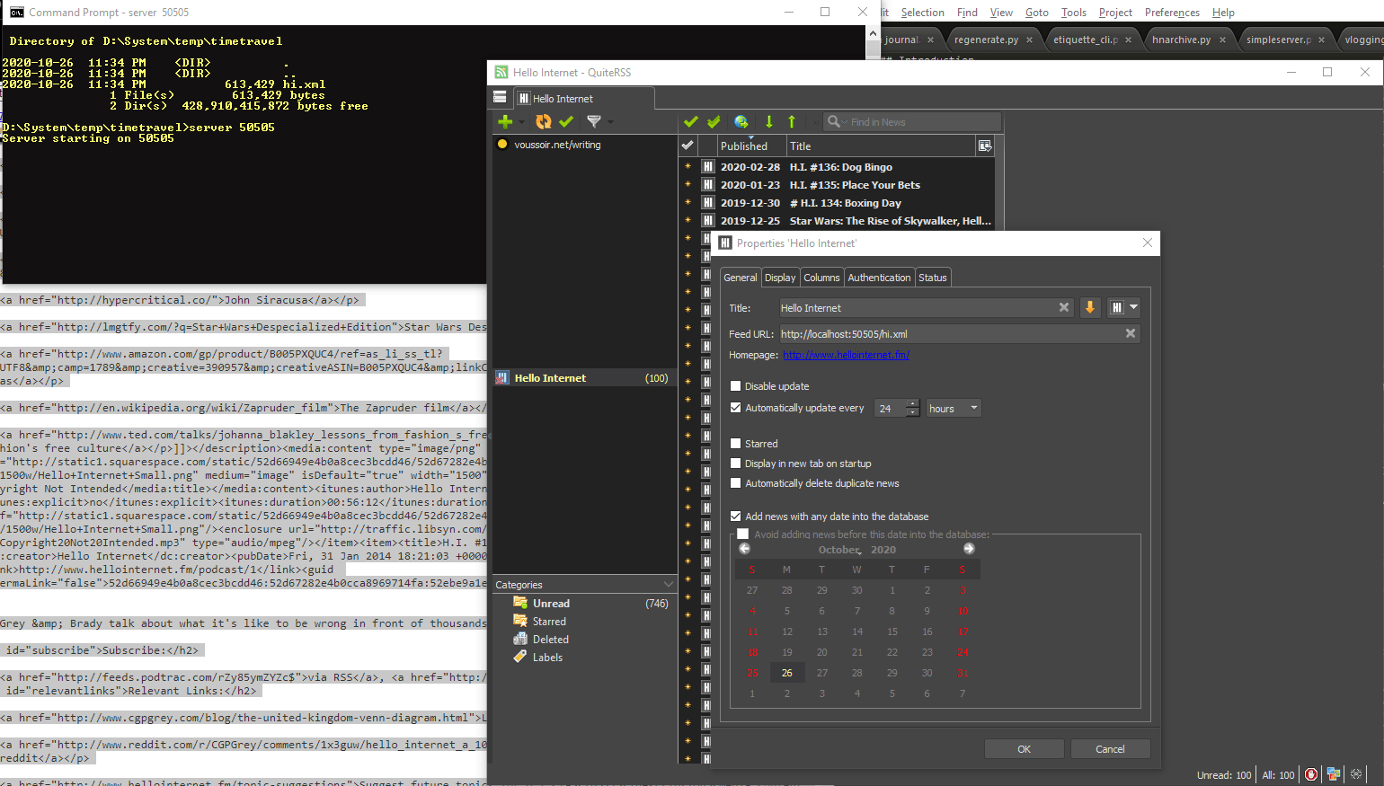 Serving the xml file out of a local webserver and configuring QuiteRSS to pull the localhost url.